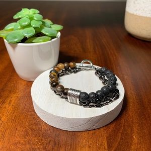 Men’s layered Tiger Eye, Lava Stone, & Chain Link Bracelet, Stainless Steel